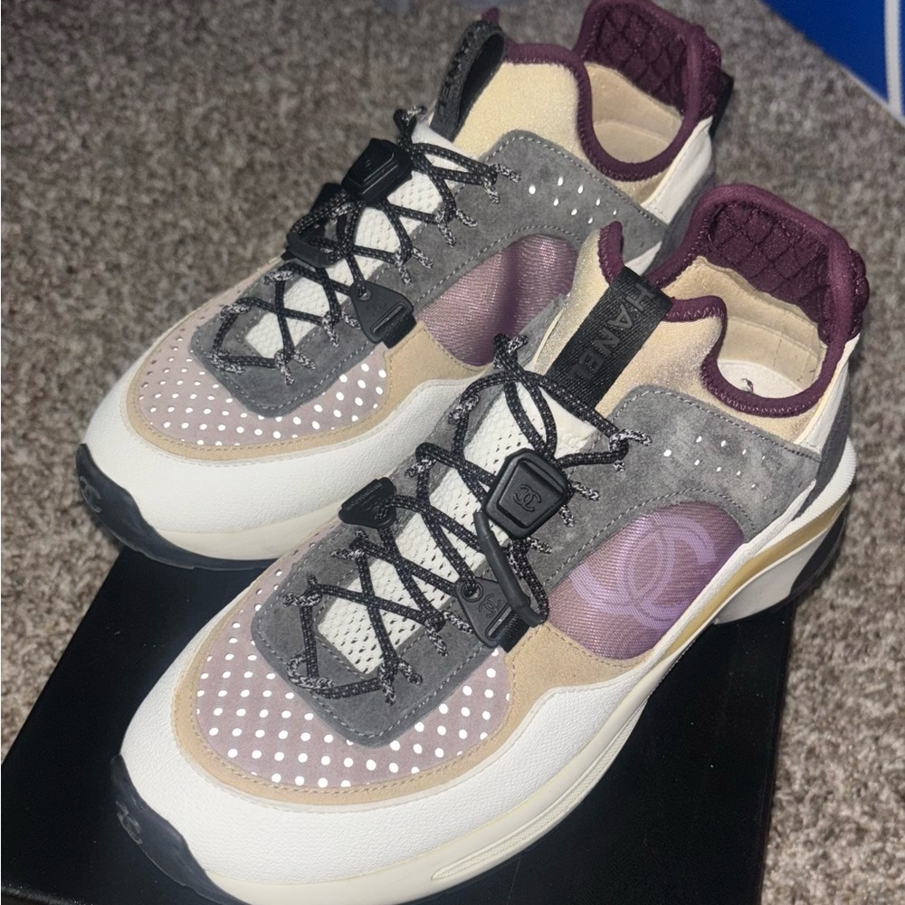 Women's CHANEL Designer Sneakers in Gray and Cream